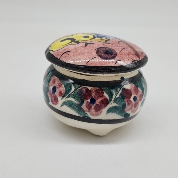 Mexican Hand Painted Ceramic Trinket Box With Floral & Rabbit 3" Diameter - Picture 3 of 8